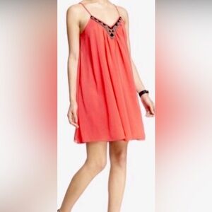 Express beaded neckline, coral pink, chiffon swing dress. Sz. M